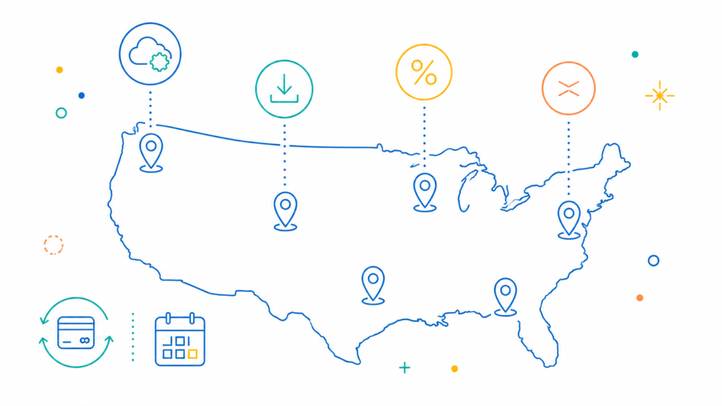 Map illustration showing how sales tax rules for digital goods vary by U.S. state, including SaaS and subscription taxability