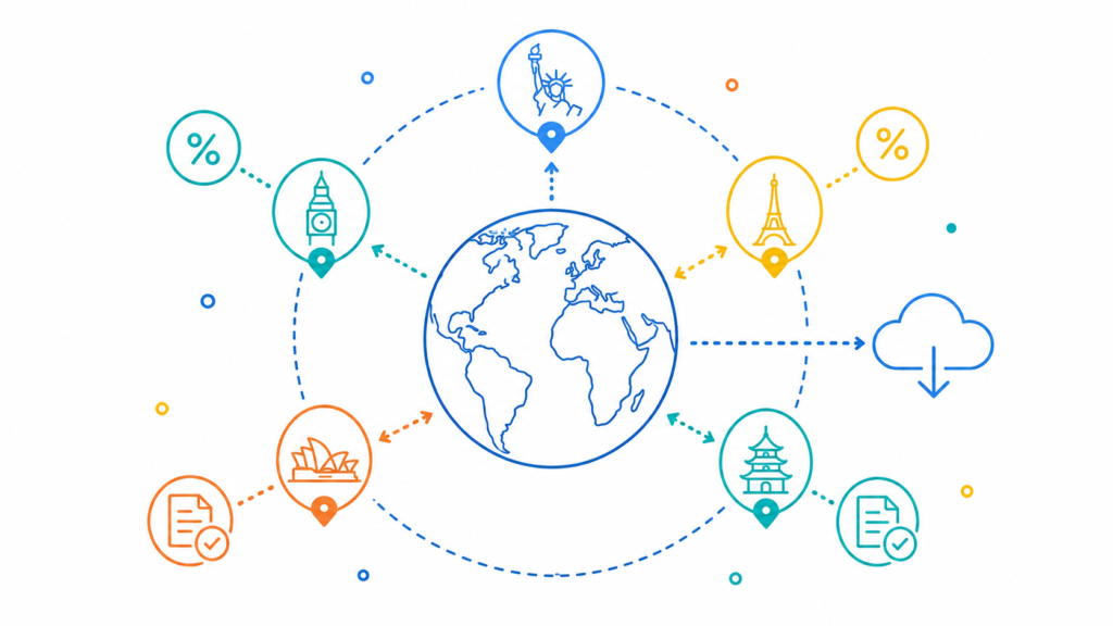 Globe illustration showing VAT and GST requirements for digital goods sold across the EU, Canada, Australia, and other countries