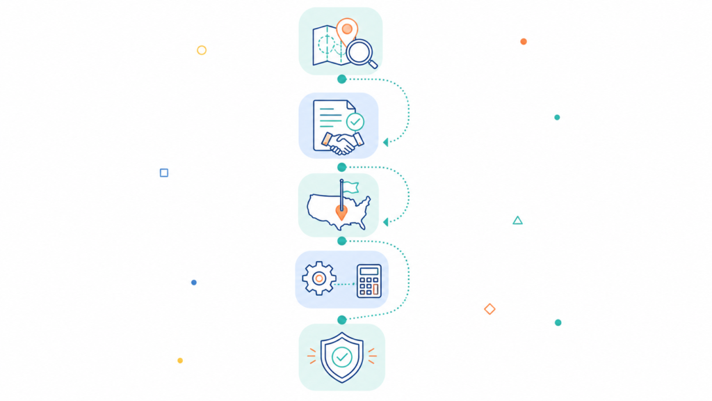 Step-by-step illustration of a sales tax compliance roadmap showing nexus analysis, voluntary disclosure, state registration, and automated filing for growing businesses