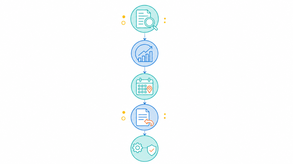 Five-step checklist illustration for sales tax filing compliance including nexus review, deadline calendar setup, and automated monitoring for multi-state businesses