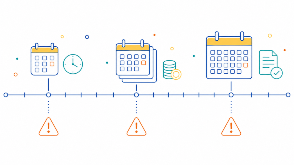 Timeline illustration comparing monthly, quarterly, and annual sales tax filing deadlines and penalty risk for multi-state businesses