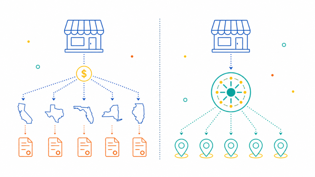Icon illustration comparing EU VAT One-Stop Shop registration with US state-by-state economic nexus registration for international ecommerce sellers