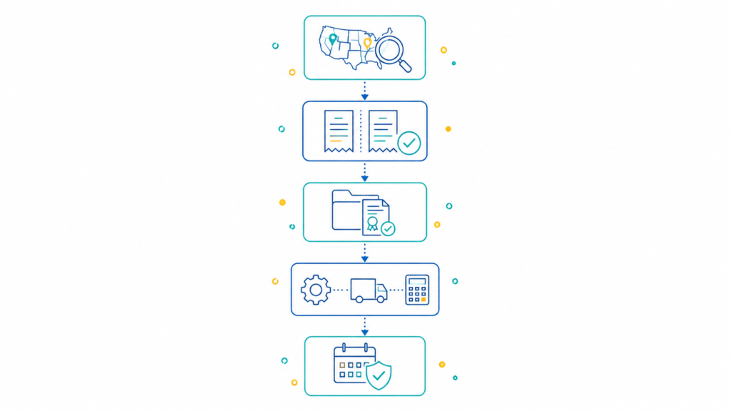 Step-by-step roadmap illustration for freight company sales tax compliance showing nexus analysis, invoice review, exemption certificates, TMS integration, and ongoing monitoring