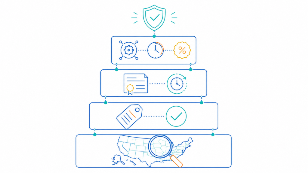Layered foundation diagram showing the four steps required for correct ERP sales tax integration: nexus analysis, product taxability mapping, exemption certificate management, and real-time rate API connectivity
