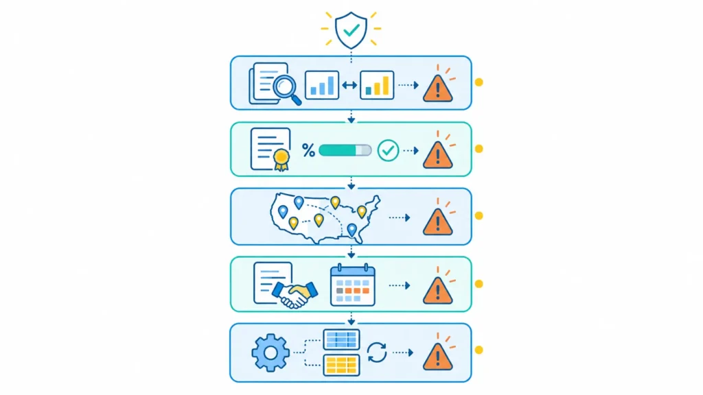 Five-step pre-audit compliance roadmap illustration showing data reconciliation, exemption certificate review, nexus registration check, voluntary disclosure, and ongoing data consistency for enterprise AI audit defense