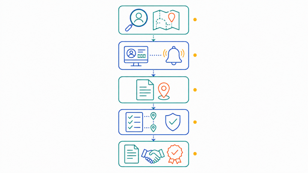 Five-step process roadmap illustration showing how enterprise companies can fix the HR and tax disconnect that creates remote employee sales tax nexus gaps