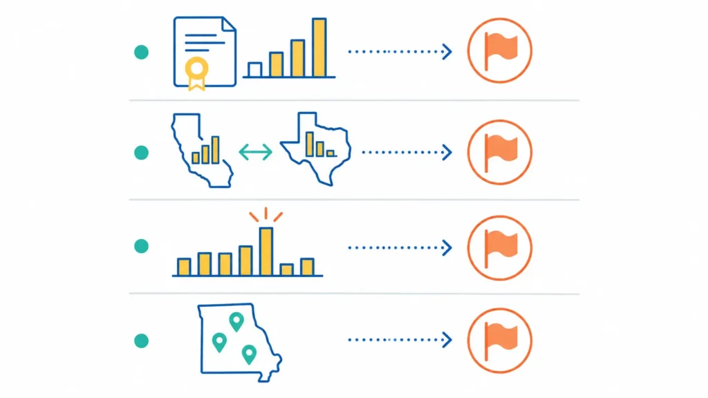 Four-row illustration showing common enterprise sales tax AI audit triggers including exemption ratio anomalies, cross-state revenue discrepancies, filing pattern changes, and nexus without registration