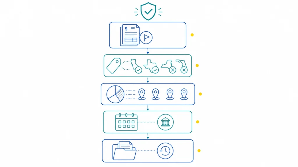 Five-step enterprise use tax compliance process illustration showing invoice flagging, state taxability determination, multi-state apportionment, remittance scheduling, and audit documentation