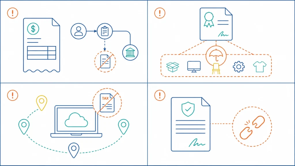 Four-panel illustration showing common enterprise use tax compliance failures including missing AP accrual process, blanket exemption errors, software subscription gaps, and direct pay permit tracking failures