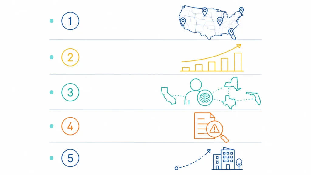 Five-variable decision framework illustration for choosing between in-house and outsourced sales tax compliance, showing filing jurisdictions, change rate, expertise, audit history, and business trajectory