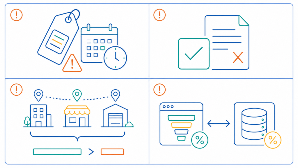 Four-panel illustration showing the most common ERP sales tax integration audit mistakes including product code errors, missing exemption certificates, multi-entity nexus gaps, and dual-system rate conflicts