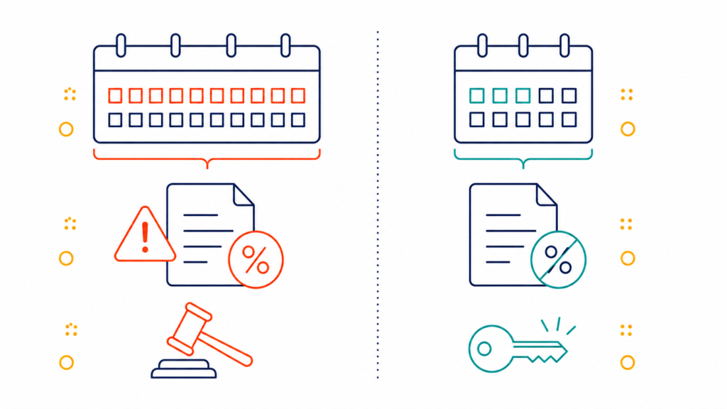 Side-by-side comparison illustration showing unlimited audit lookback with full penalties versus capped VDA lookback with penalties waived for enterprise sales tax exposure