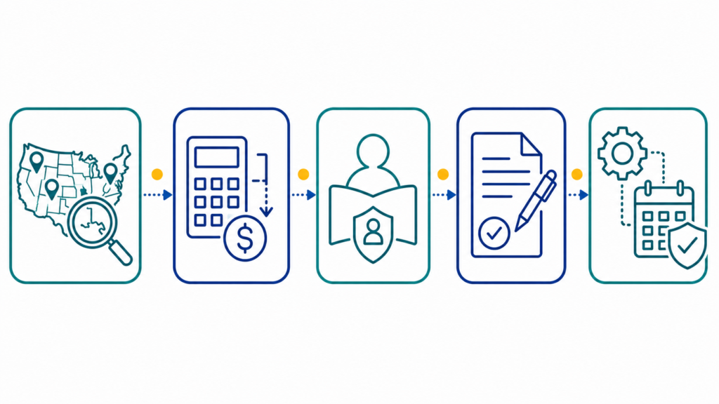 Five-step process illustration for enterprise sales tax VDA showing nexus analysis, exposure calculation, anonymous outreach, agreement execution, and ongoing compliance