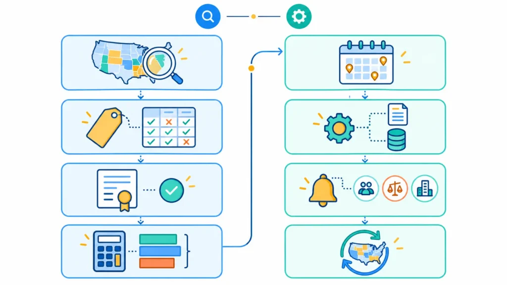 Eight-step CFO action plan illustration for multi-state sales tax compliance, divided into four diagnostic steps and four operational steps with sequential flow arrows
