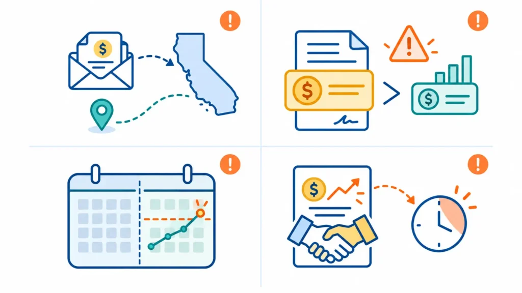 Four-panel illustration showing the most common enterprise SaaS economic nexus monitoring mistakes including billing address errors, contract value vs. annual revenue confusion, mid-year threshold crossing, and delayed monitoring after new contracts