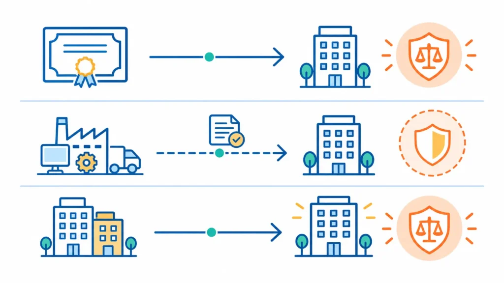 Three-row diagram showing how sales tax liability transfers differently in equity acquisitions, asset acquisitions, and mergers, with successor liability risk indicators for each structure