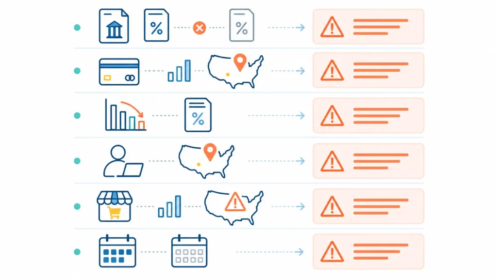 Six-row illustration showing common multi-state enterprise sales tax audit triggers detected by state AI systems including income tax without sales tax filing, unregistered marketplace sales, and remote employee nexus gaps