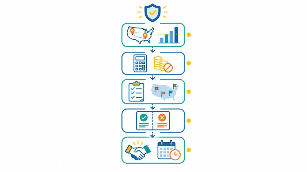 Five-step economic nexus compliance roadmap for enterprise SaaS companies showing revenue mapping, exempt sales inclusion, registration cross-reference, taxability determination, and voluntary disclosure sequencing