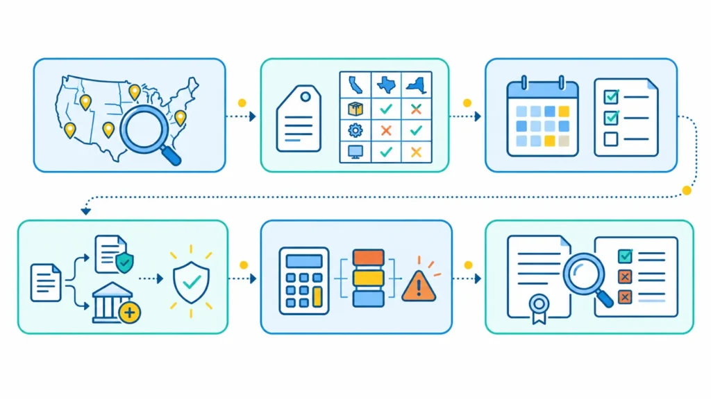 Six-step sales tax due diligence framework illustration for M&A transactions showing nexus analysis, taxability review, filing reconciliation, certificate audit, exposure quantification, and mitigation strategy