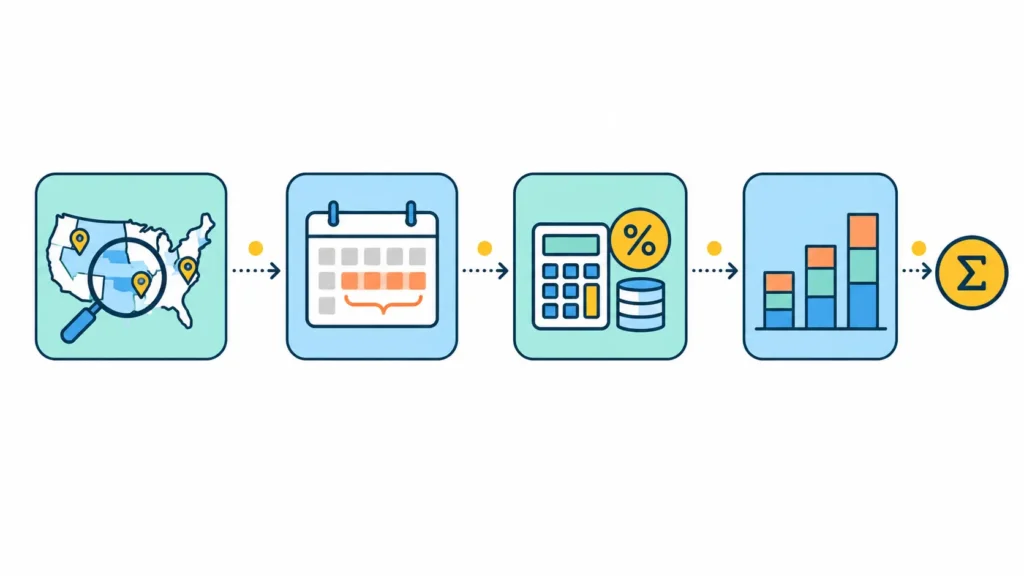 Four-step sales tax risk quantification framework illustration showing nexus mapping, unregistered period identification, base tax calculation, and penalty multiplier application for enterprise companies