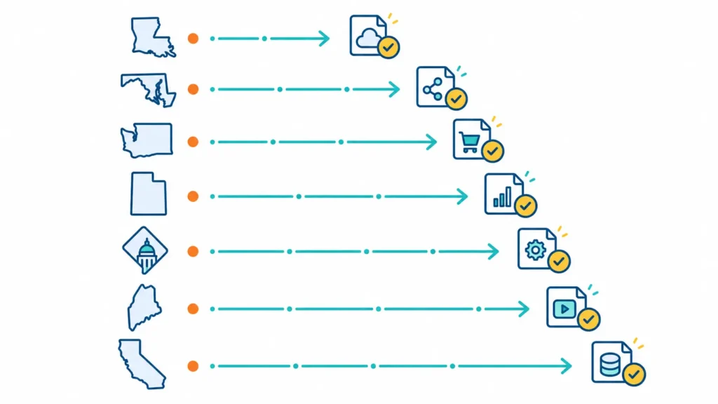 Vertical legislative timeline illustration showing seven state sales tax changes for SaaS and digital goods from Louisiana in January 2025 through California in January 2027