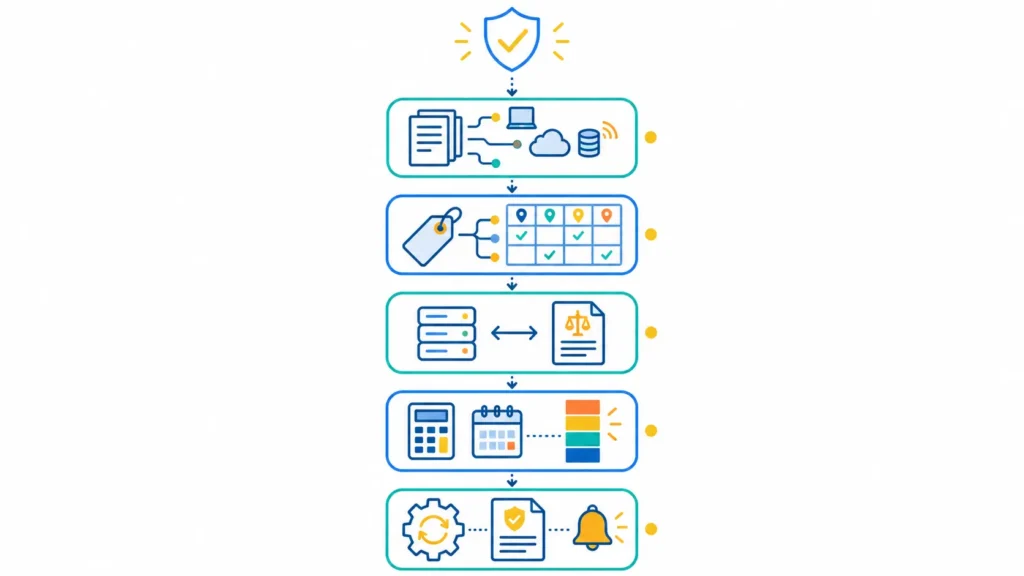 Five-step enterprise SaaS and digital goods taxability reassessment framework illustration showing product listing, state taxability mapping, ERP vs. current law comparison, retroactive exposure calculation, and configuration update with VDA